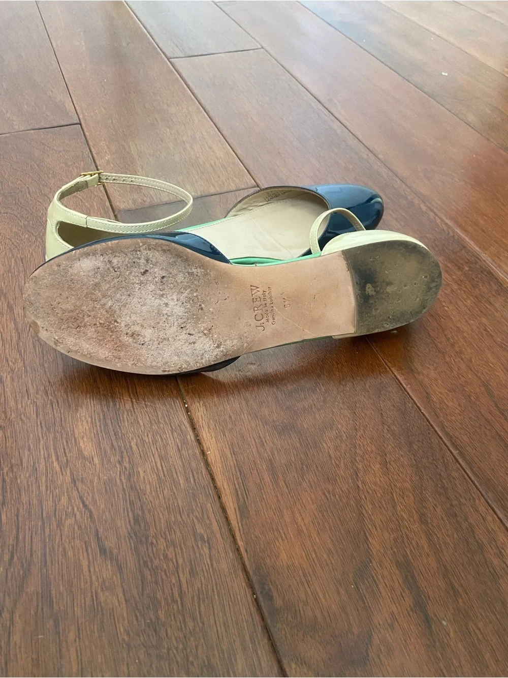 J. Crew Navy Patent D'Orsay Flats with Cream Ankle Strap